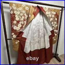 Japanese Kimono Luxury Furisode Pure Silk 167.5 Red Gold