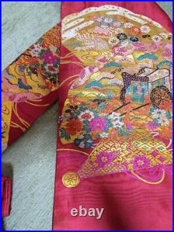 Japanese Kimono Nagoya Obi Antique Basting Thread Red Pure Silk Embroidery
