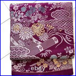 Japanese Kimono Nagoya Obi Red Purple Woven Flower Pattern Pure Silk 887