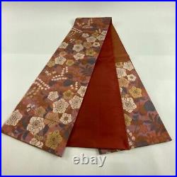 Japanese Kimono Obi Pure Silk Grass Flowers Foil Red Brown Rokutsu Semiformal
