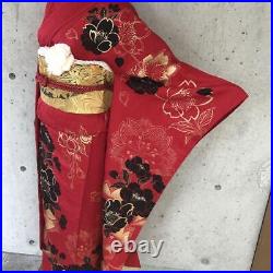 Japanese Kimono Pure Silk Long-sleeved Kimono Furisode 157cm Floral Red/Black