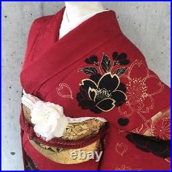 Japanese Kimono Pure Silk Long-sleeved Kimono Furisode 157cm Floral Red/Black
