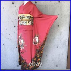 Japanese Kimono Pure Silk Long-sleeved Kimono Furisode 160.5cm Floral Floats Red