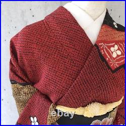 Japanese Kimono Pure Silk Long-sleeved Kimono Furisode Shibori 156cm Floral Red