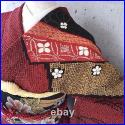Japanese Kimono Pure Silk Long-sleeved Kimono Furisode Shibori 156cm Floral Red
