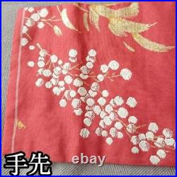 Japanese Kimono Pure Silk Nagoya Obi Nanten Vermilion Orange Red Gold