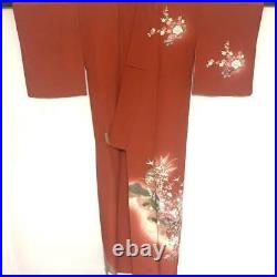 Japanese Kimono Pure Silk Sleeve Hanging Visiting Crane Pattern Red White Pink