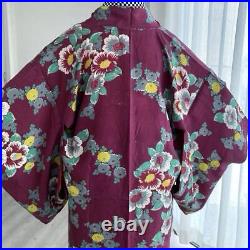 Japanese Kimono Red Flower Silk Women 93cm Antique