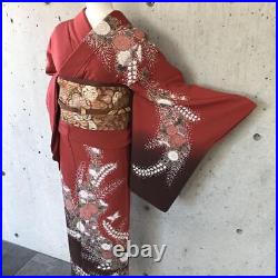 Japanese Kimono Red Silk Flower Women 161.5cm Antique