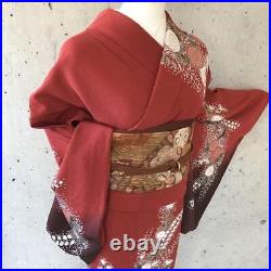 Japanese Kimono Red Silk Flower Women 161.5cm Antique