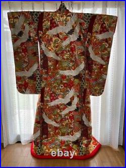 Japanese Kimono Robe Uchikake Dress Flying Crane Red Silk Gold Cosplay Luxurious