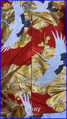 Japanese Kimono Robe Uchikake Embroidered Dress Crane Red Gold Jacket Silk