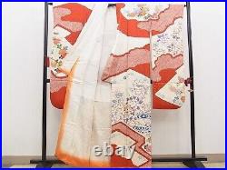 Japanese Kimono SILK FURISODE/ Red, White, Flower/ L5'25'