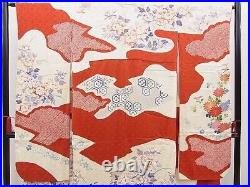 Japanese Kimono SILK FURISODE/ Red, White, Flower/ L5'25'