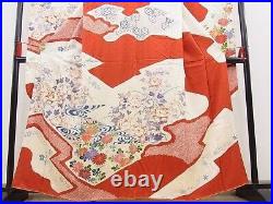 Japanese Kimono SILK FURISODE/ Red, White, Flower/ L5'25'