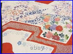 Japanese Kimono SILK FURISODE/ Red, White, Flower/ L5'25'