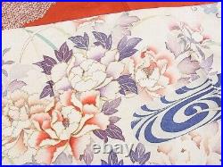 Japanese Kimono SILK FURISODE/ Red, White, Flower/ L5'25'