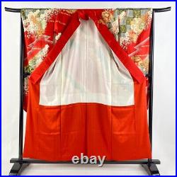 Japanese Kimono Silk Furisode Long Sleeves Gold Leaf Flower Cherry Tree Red 61