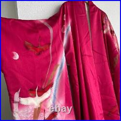 Japanese Kimono Silk Furisode Vintage Traditional crane pattern red×pink color