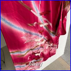Japanese Kimono Silk Furisode Vintage Traditional crane pattern red×pink color
