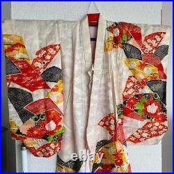 Japanese Kimono Silk Furisode Vintage Traditional flower pattern red color