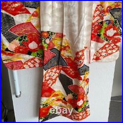 Japanese Kimono Silk Furisode Vintage Traditional flower pattern red color