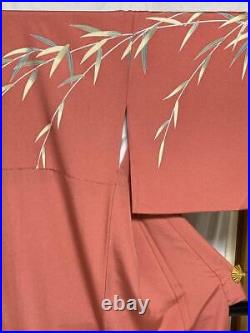 Japanese Kimono Silk Houmongi Vintage Gold Leaf Pine Bamboo Cherry Pink 63