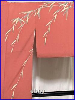 Japanese Kimono Silk Houmongi Vintage Gold Leaf Pine Bamboo Cherry Pink 63