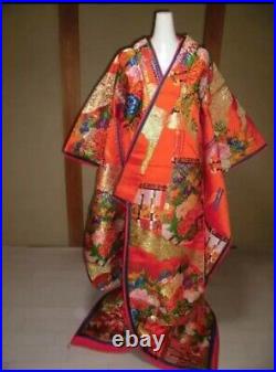 Japanese Kimono Silk Uchikake Vintage Gorgeous wedding Red Gold Flower