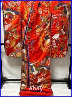 Japanese Kimono Silk Uchikake Vintage Gorgeous wedding Red Gold Phoenix Flower