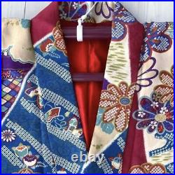 Japanese Kimono Silk Women's Frisode Chirimen 149cm Red Blue Purple Antique