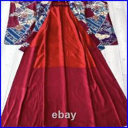 Japanese Kimono Silk Women's Frisode Chirimen 149cm Red Blue Purple Antique