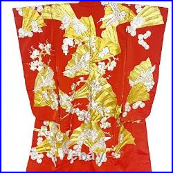 Japanese Kimono Uchikake Vintage Gorgeous wedding Red Gold Silver Crane fan (u2)