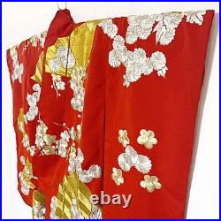 Japanese Kimono Uchikake Vintage Gorgeous wedding Red Gold Silver Crane fan (u2)
