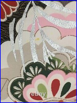 Japanese Kimono silk ornate 1960s vintage floral red pink gold silver geisha