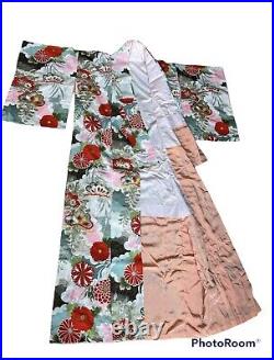 Japanese Kimono silk ornate 1960s vintage floral red pink gold silver geisha