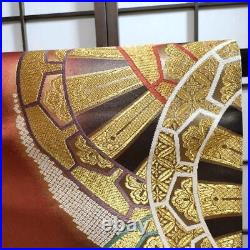 Japanese Pure Silk Complete Fukuro Obi Reversible Gold Floral Pattern Red Black
