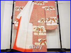 Japanese Pure Silk Kimono Furisode Vintage Gold Leaf Thread Red Clouds Wave 63