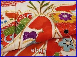 Japanese Pure Silk Kimono Furisode Vintage Gold Leaf Thread Red Clouds Wave 63