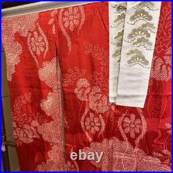 Japanese Pure Silk Long-Sleeved Kimono For Ceremony Antique With Red Em