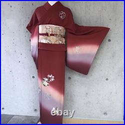 Japanese Semi-formal Kimono Houmongi Pure Silk Floral Gradation Red 174 cm