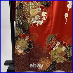 Japanese Silk Kimono Furisode Gold Foil Thread Red Flower Chrysanthemum 66