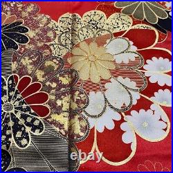 Japanese Silk Kimono Furisode Gold Foil Thread Red Flower Chrysanthemum 66