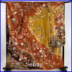 Japanese Silk Kimono Furisode Gold Foil Thread Red Flower Leaf Car Excellent 62