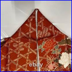 Japanese Silk Kimono Furisode Gold Foil Thread Red Flower Leaf Car Excellent 62