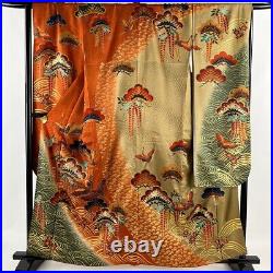 Japanese Silk Kimono Furisode Gold Foil Thread Red Orange Crane Excellent 62