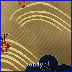 Japanese Silk Kimono Furisode Gold Foil Thread Red Orange Crane Excellent 62