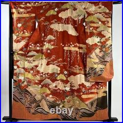 Japanese Silk Kimono Furisode Gold Foil Thread Red Pine Tree Boat Excellent 62