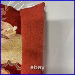 Japanese Silk Kimono Furisode Gold Foil Thread Red Pine Tree Boat Excellent 62