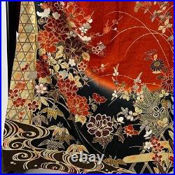 Japanese Silk Kimono Furisode Gold Foil Thread Silver Red Flower Pine Plum 64
